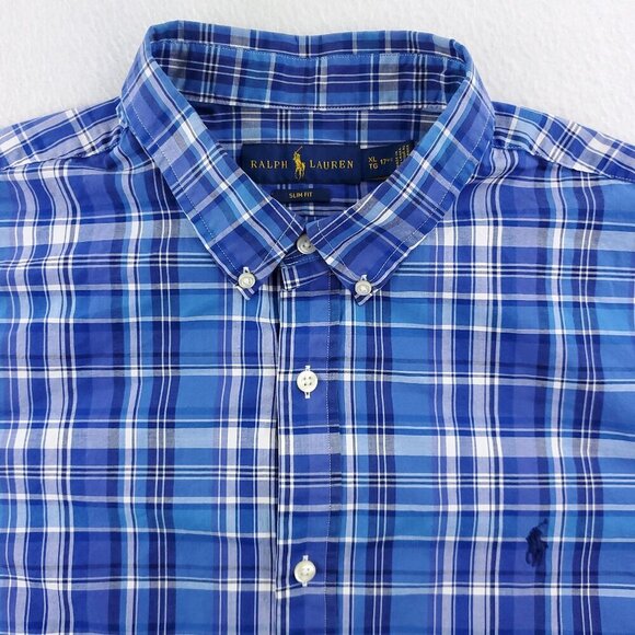 Ralph Lauren Slim Fit Shirt Pony Plaid Button Down Stretch Blue 17 1/2 Men's XL - Picture 5 of 13